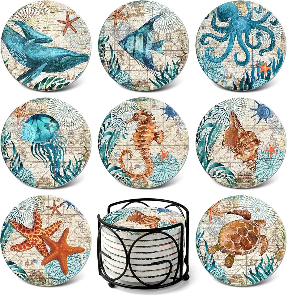 Teivio Absorbing Stone Sea Ocean Life Coasters for Drinks, Cork Base with Holder,Coastal Decor Beach Theme Tropical,for Housewarming Apartment Kitchen Bar Decor, For Wooden Table Coffee table,Set of 8