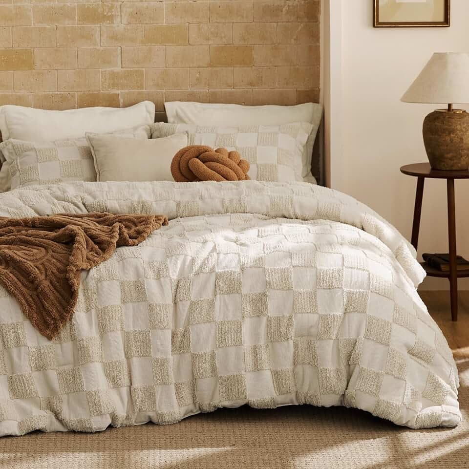 Bedsure California King Comforter Sets Boho, Plaid Bedding Beige 3 Pcs