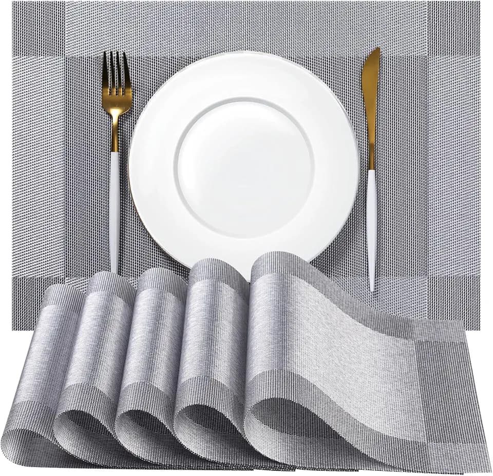 Placemats Set of 8 - Easy Clean Woven Vinyl Placemats for Dining Table, Indoor/Outdoor Place Mats, Washable PVC Table Mats (Silver Cube)