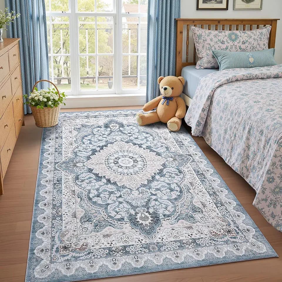 Macgace Washable Vintage Small Area Rug for Bedroom, 3x5 Rugs Blue & Beige
