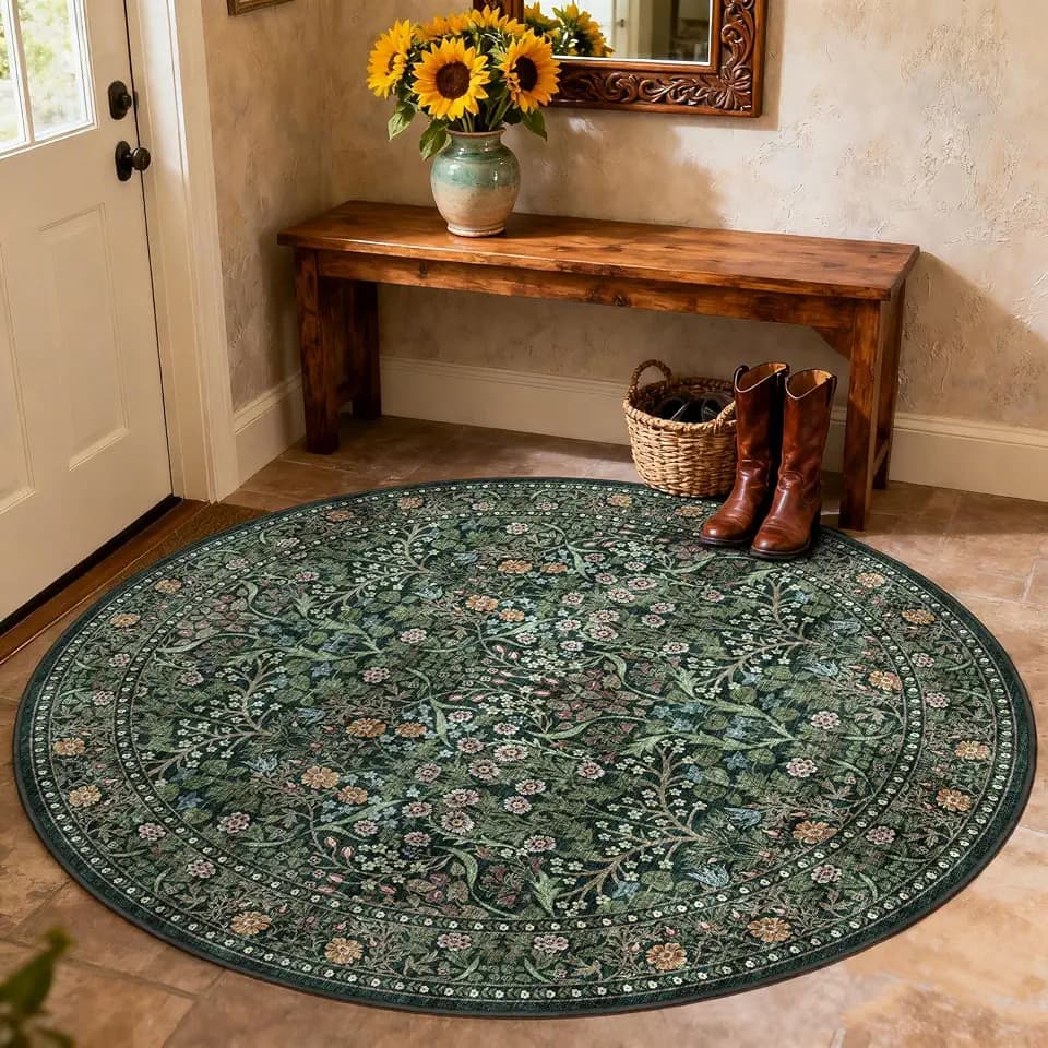 3x3 Green Small Round Bathroom Rug Washable Floral Circle Door Mat