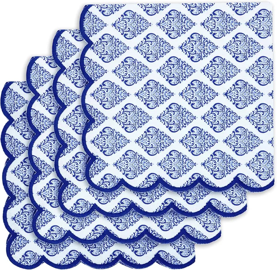 PurpleEssences Scalloped Cloth Napkins 18x18 in - Floral Paisley Edges Blue