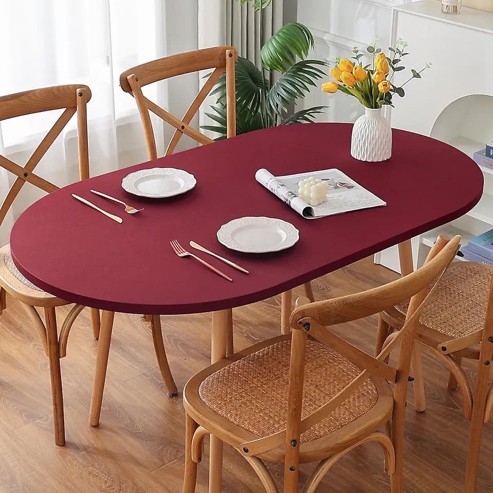 Spandex Oval Fitted Table Cover, Washable Non Pilling Breathable Fabric Indoor Tablecloth Elastic Band for Dining Kitchen Party Banquet Decoration 42 x 60 Inch Wine Red