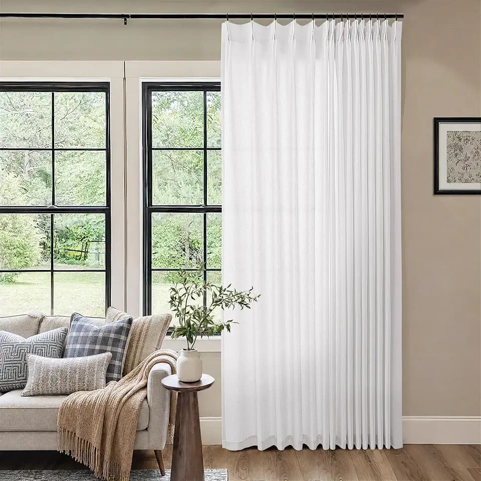 Extra Wide Pinch Pleat 100 x 84 Inch Linen Curtains White Semi Sheer