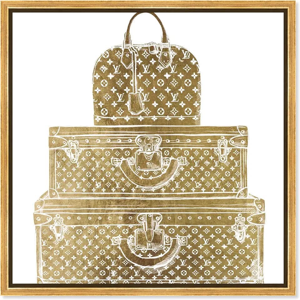 The Oliver Gal Artist Co. Fashion and Glam Framed Wall Art Canvas Prints 'Royal Bag and Luggage Diecut' Travel Essentials Home Décor, 20" x 20", Gold, White, 28278_20x20_Canv_PSGLD