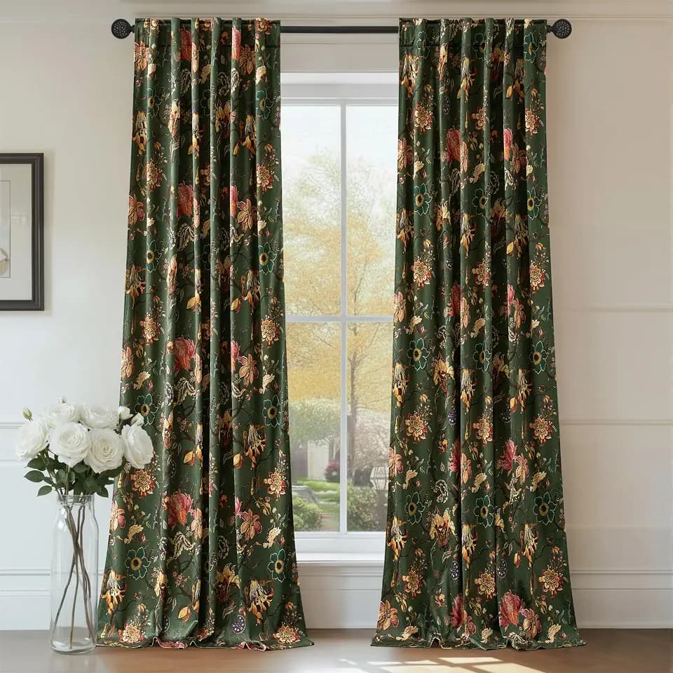 RYB HOME Black Floral Velvet Curtains 108 Inch for Bedroom Living Room