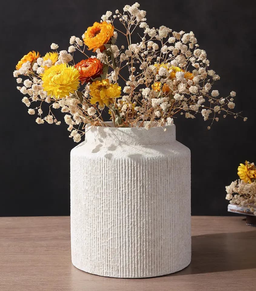 Rustic Vases for Home Decor, 7 in White Vase Ceramic Flowers Vase White Wide Mouth Vase Farmhouse Decorative, Dining Table, Living Room, Shelf, Kitchen, Bedroom
