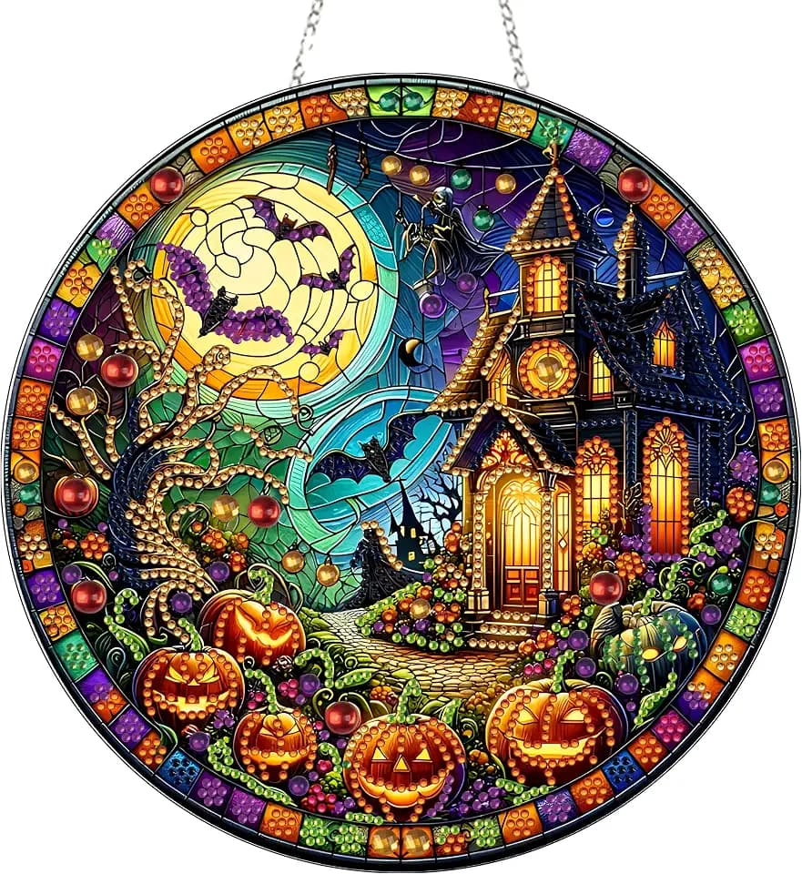 DIY Diamond Art Painting Wreath Kits,Special Shaped Rhinestone Hanging Ornament Diamond Art Window Pendants for Gift Home Garden Wall Hanging Kits,Double Sided (Haunted House)