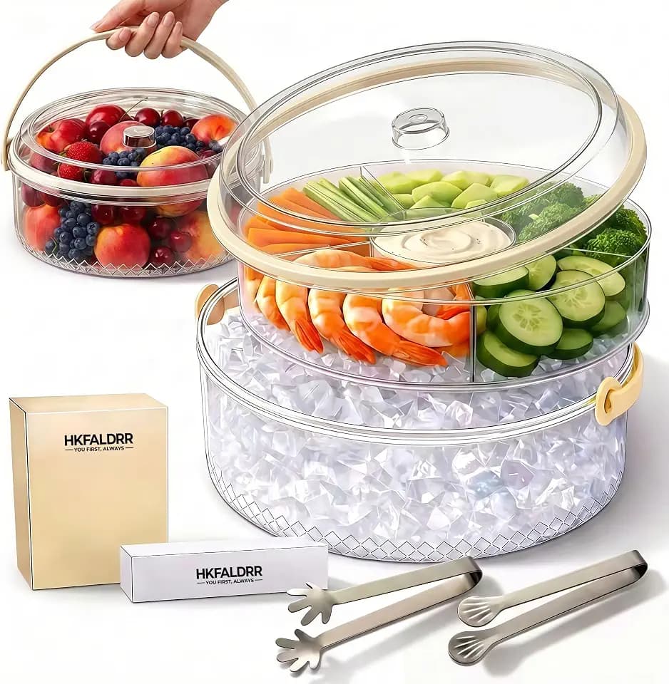 HKFALDRR Large Ice Chilled Serving Tray with Lid Handle & Dip Holder, Chilled Veggie Tray, Shrimp Cocktail Serving Dish, Fruits, Appetizers,Picnic,Travel,Ideal Cold Chilled Serving Platter for Parties