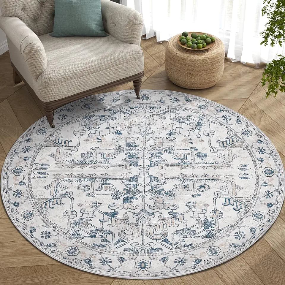jinchan 5ft Washable Indoor Round Area Rug, Vintage Floral Non-Slip, Blue