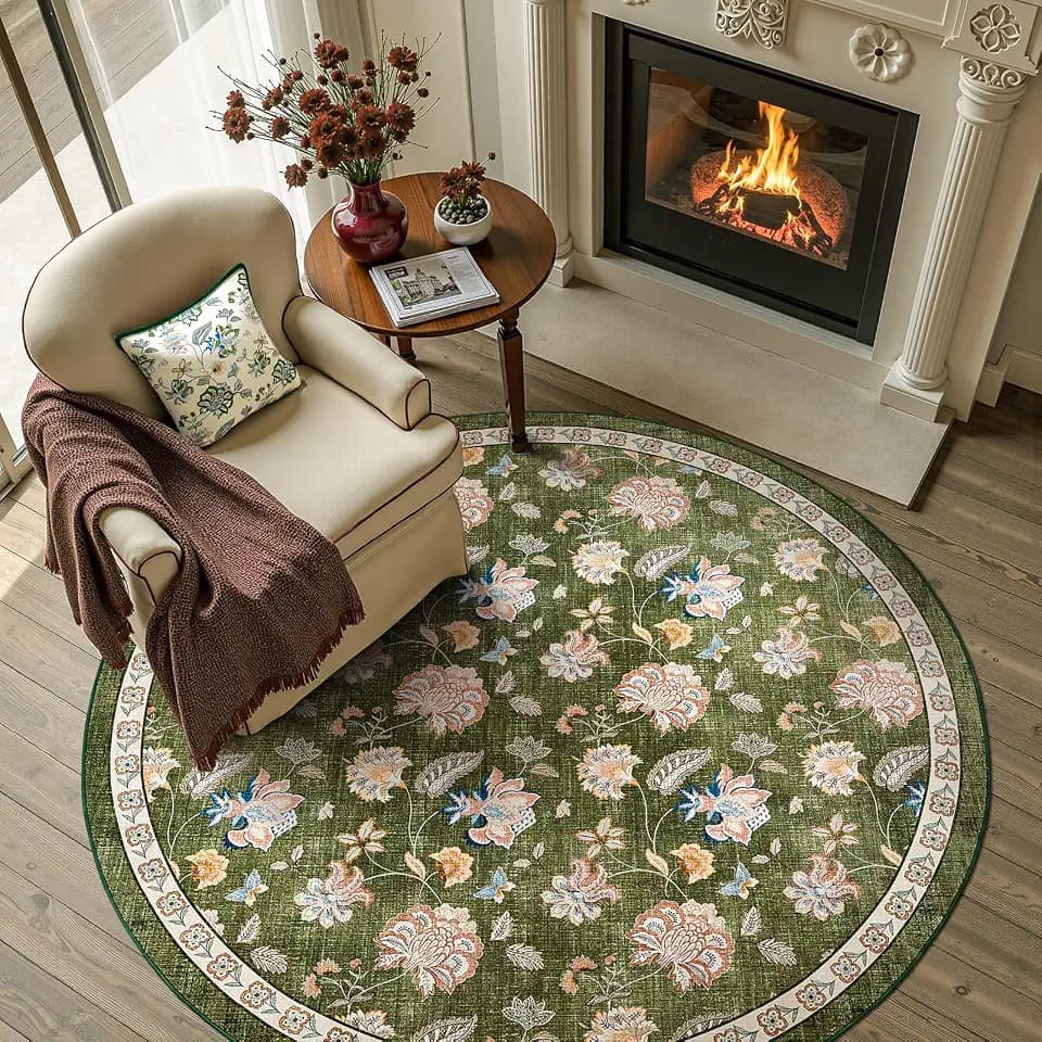 jinchan Elora 5ft Washable Round Rug, Floral Kitchen Rug, Green