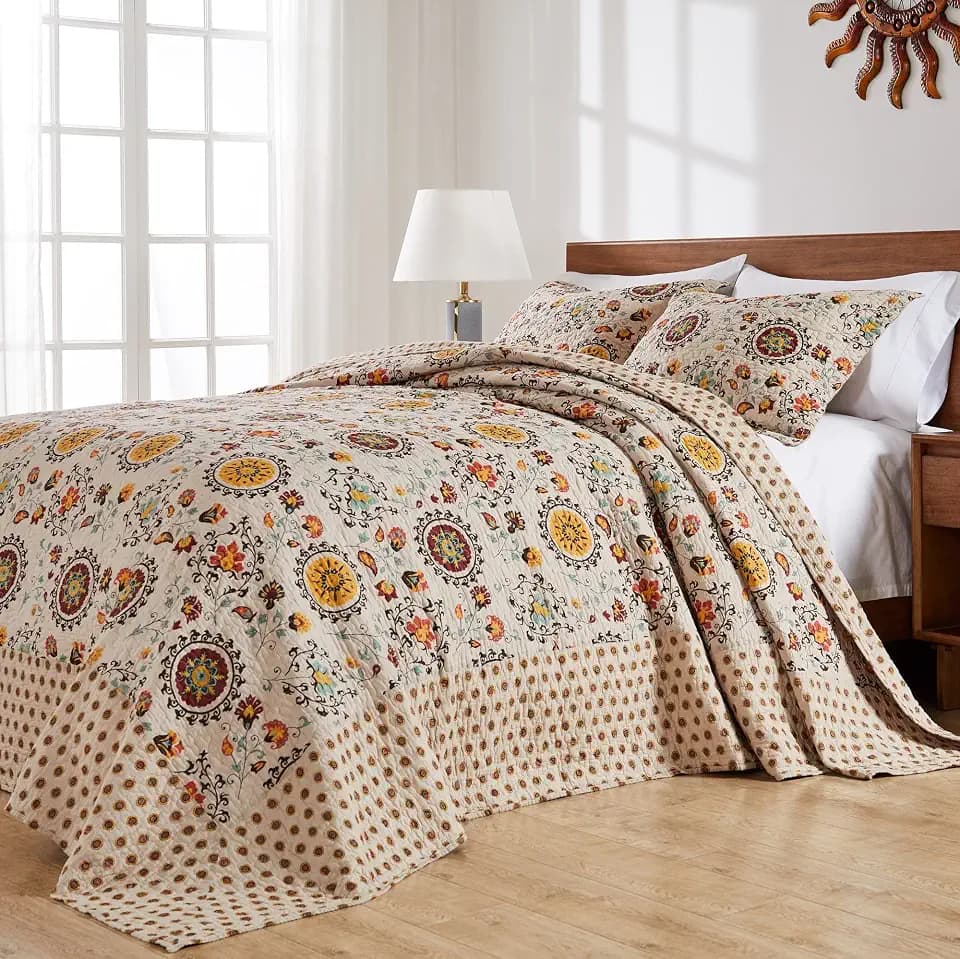 Greenland Home Andorra Cotton Traditional Bedspread Set - Jumbo Sized Reversible Quilt Set, 3-Piece King/Cal King, Taupe