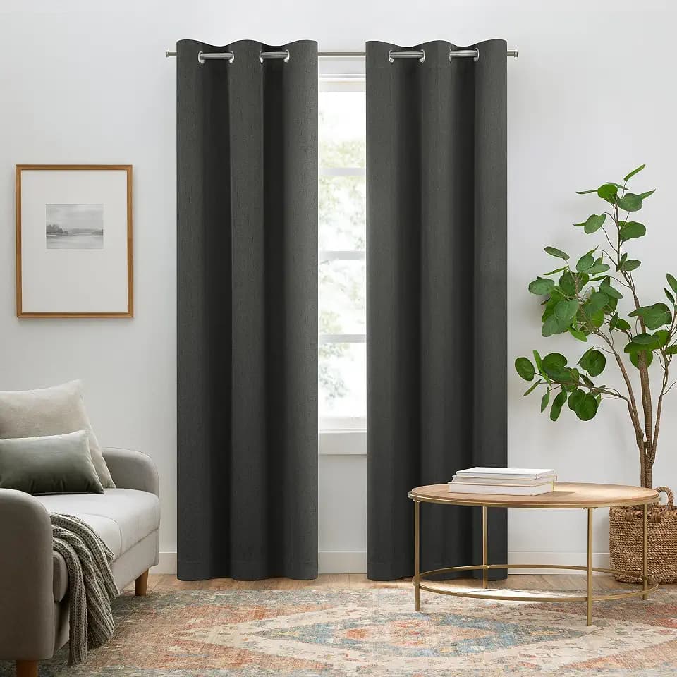 Eclipse Pembroke 100% Blackout, Faux Linen Grommet Window Curtains, 108 in Long x 42 in Wide, Thermal Insulated Noise Reducing Curtains for Living Room, Bedroom, 2 Curtain Panels, Charcoal