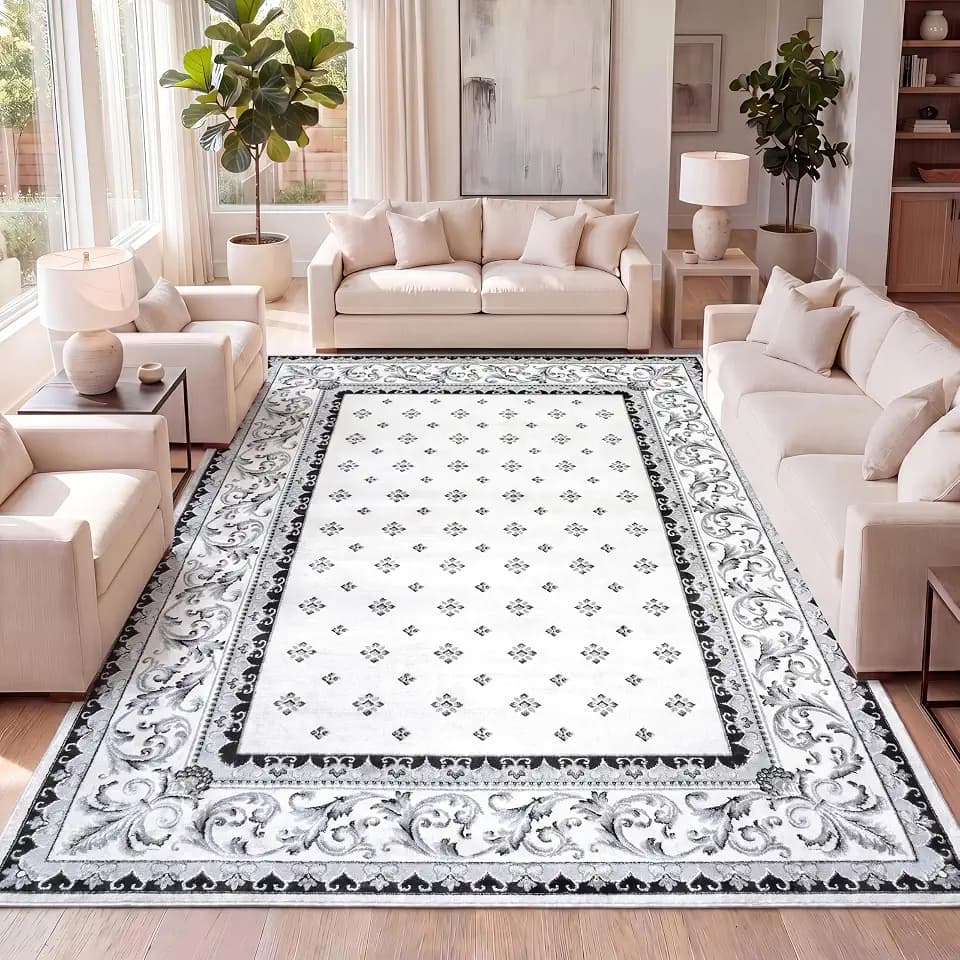 JONATHAN Y Acanthus French Border Cream/Light Gray Indoor Area Rug, 4x6, Vintage, Bohemian, Easy-Cleaning for Living Room, Bedroom, Kitchen, Pet Friendly, Non-Shedding (MDP504B-4)