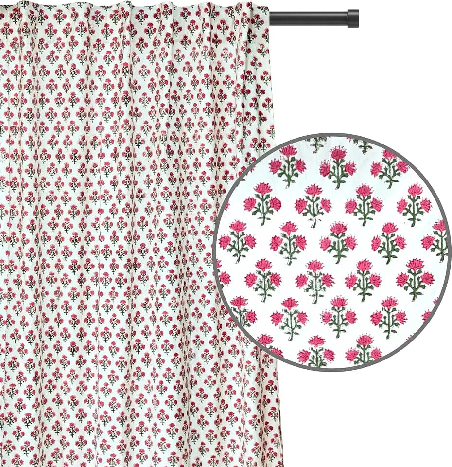 ATOSII 100% Cotton Single Panel Floral Block Print Curtain, Easy Hanging with Rod Pocket & Loop, Living Room, Dining Room, Bedroom Light Filtering Boho Curtains, Set of 1, 60"W X 84"L, Gulbahar Pink