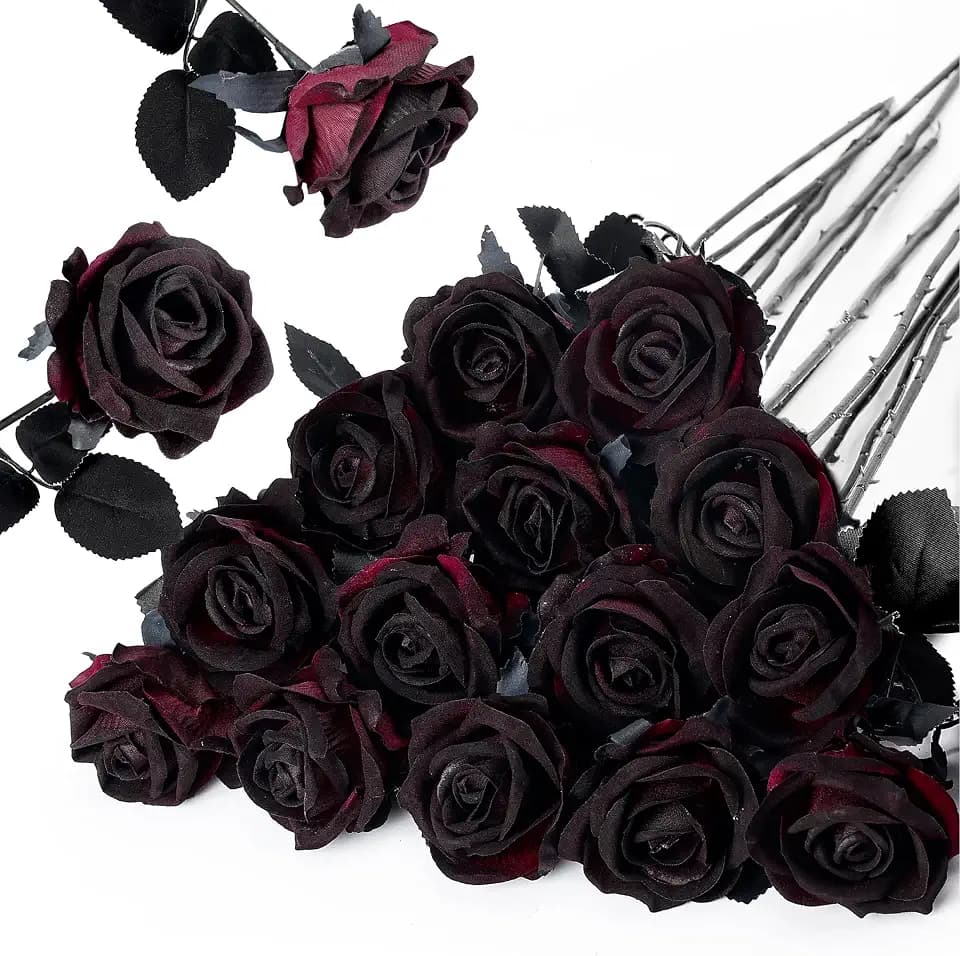 Auihiay 14PCS Black Burgundy Roses, Artificial Roses, Halloween Flowers
