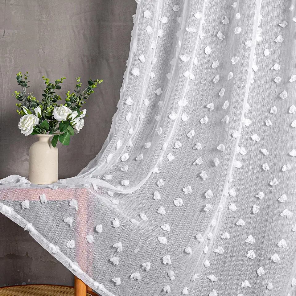 MYSKY HOME White Sheer Curtains with Pom Pom for Living Room 50x95,2 Panels