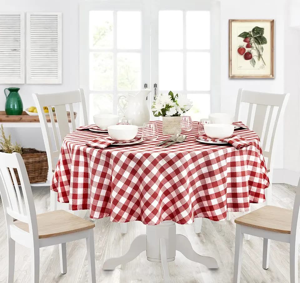 Home Bargains Plus Country Rustic Buffalo Plaid Cotton Tablecloth, 70 Inch Round, Red, Checkered Cottage Gingham Easy Care Dining Table Cover