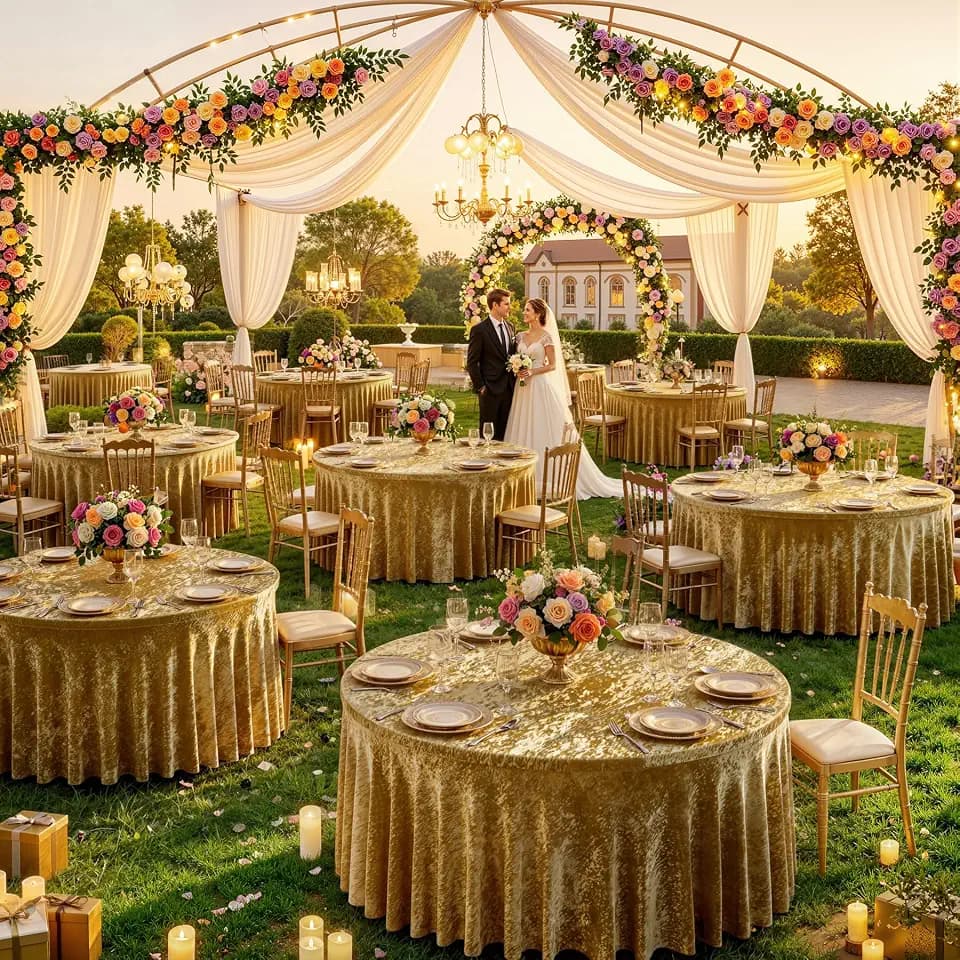 8 Pack 120inch Gold Velvet Tablecloths Shiny for 60 inch Round Tables
