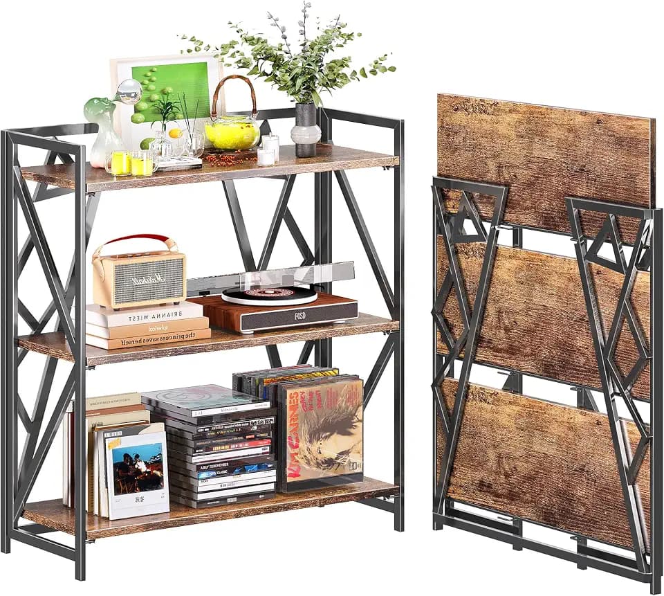 UDD No Assembly Wide Folding Bookshelf, 34" H x 30.9" W, 3 Tier Foldable Book Shelf Industrial Bookcase, Vintage Collapsible Storage Shelves for Home Office Living Room Bedroom, Rustic Brown Black