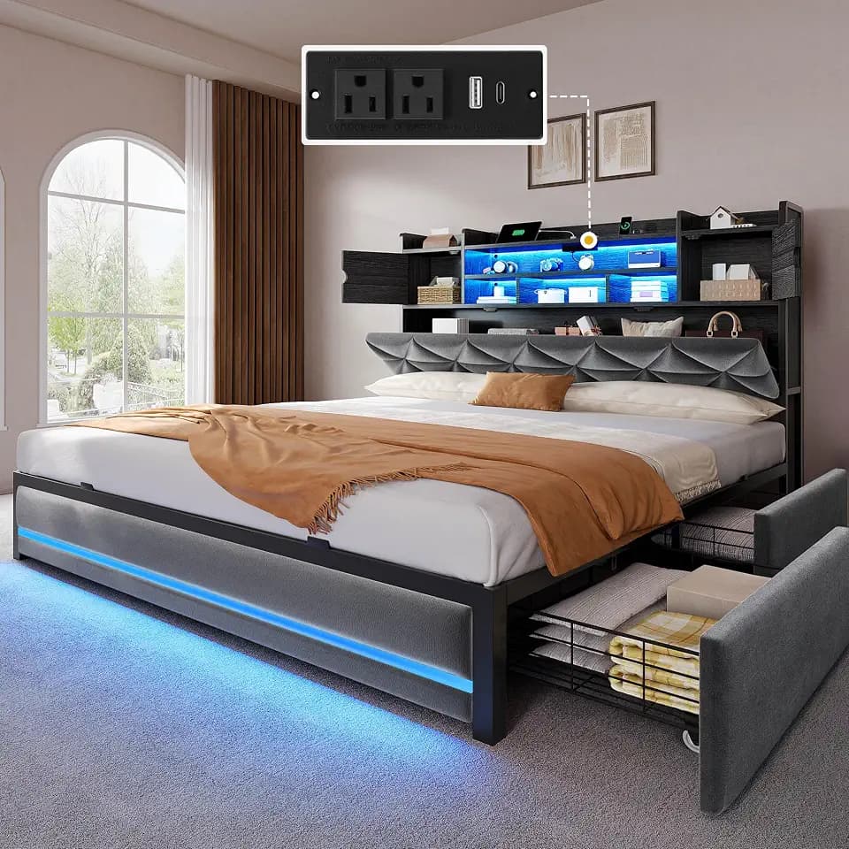 DWVO Queen Size Bed Frame with RGB LED Lights & Storage Bookcase Headboard