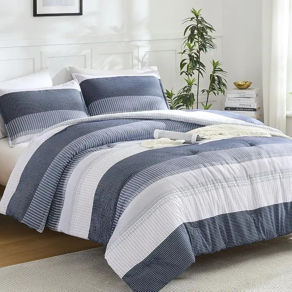 Litanika Black Blue Super King Comforter Set - 3 Pieces Stripe Bed Set