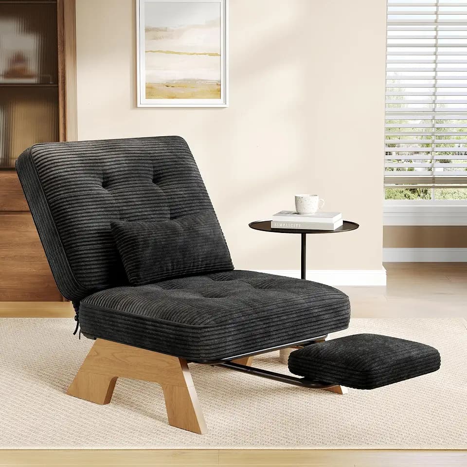 Garvee Corduroy Accent Chair with Ottoman, Solid Wood Lounge Chair