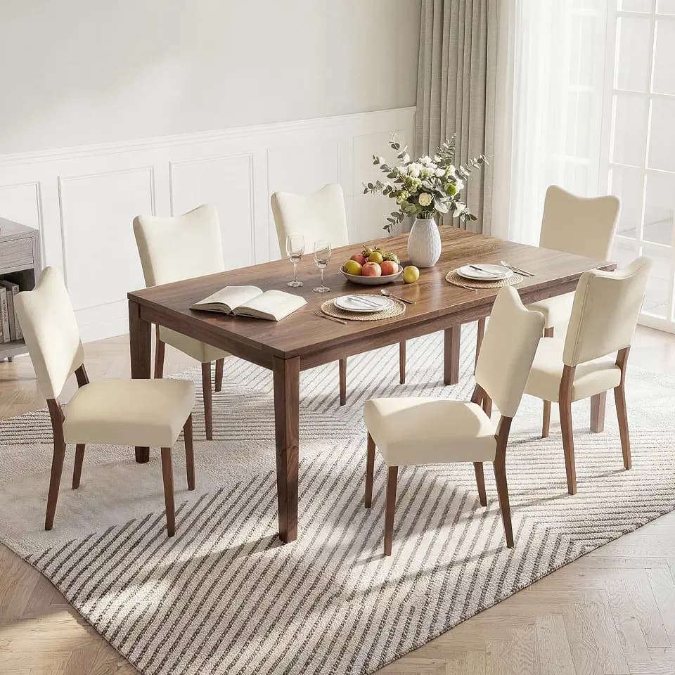 KISLOT Upholstered Dining Chairs Set of 6, Modern Velvet Kitchen Chairs with Solid Wood Legs, High Back Wooden Dining Room Chairs with Dark Walnut Color Legs for Farmhouse Kitchen Dining Room, Linen