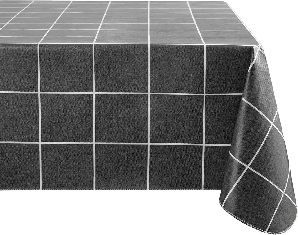 Windowpane Plaid Grid Printed Vinyl Indoor/Outdoor Tablecloth, Black - 60" W x 102" L