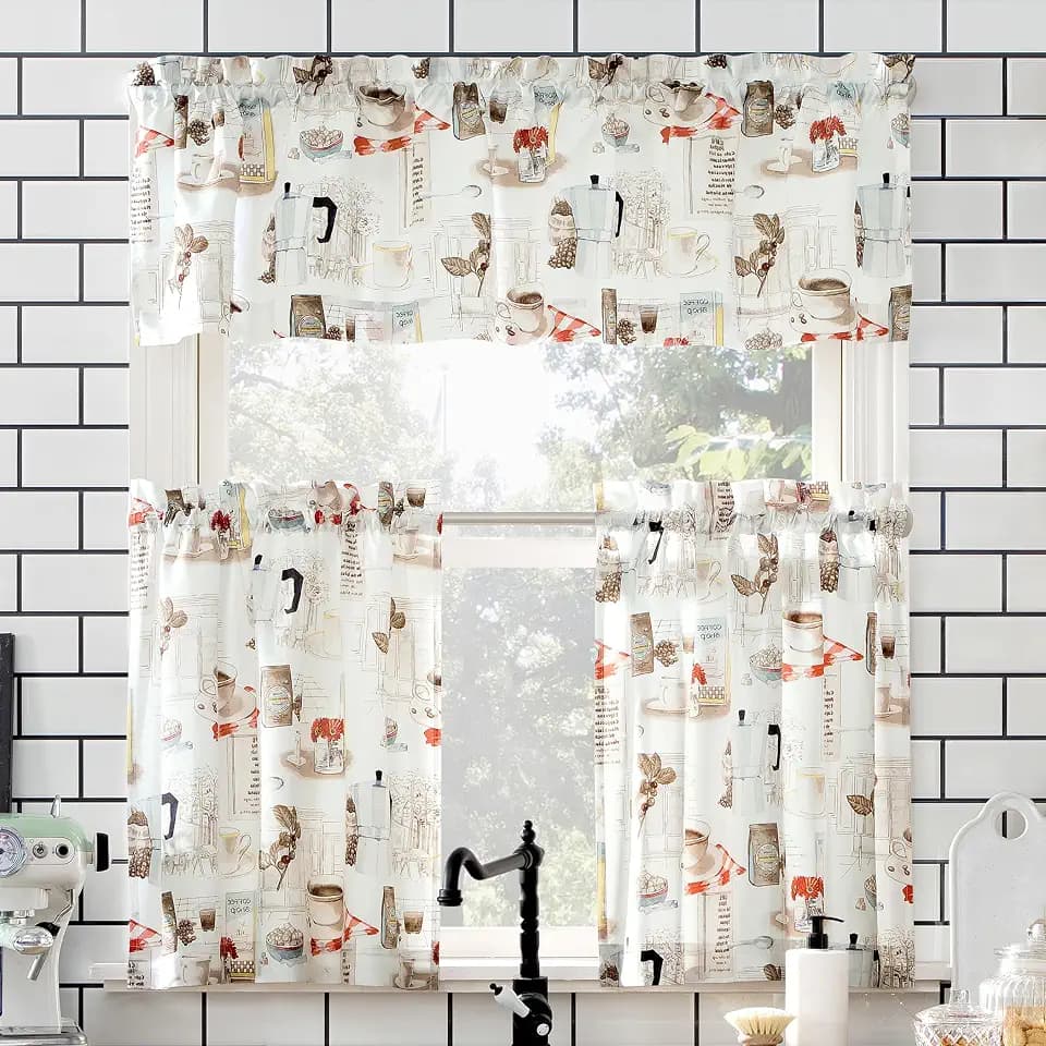 No. 918 Brew Coffee Shop Semi-Sheer Rod Pocket Kitchen Curtain Valance and Tiers Set, 54" x 24", White
