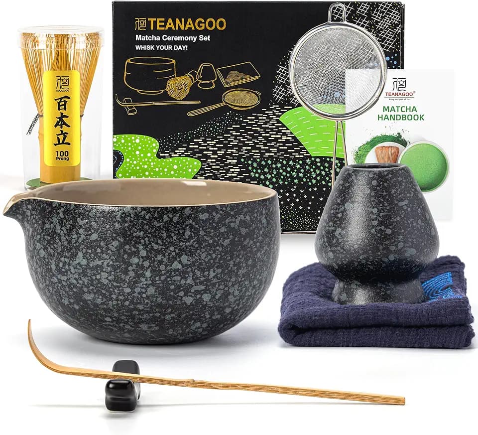 TEANAGOO Matcha Set with Spout, Black Stone, Ceramic Bowl, Bamboo Whisk
