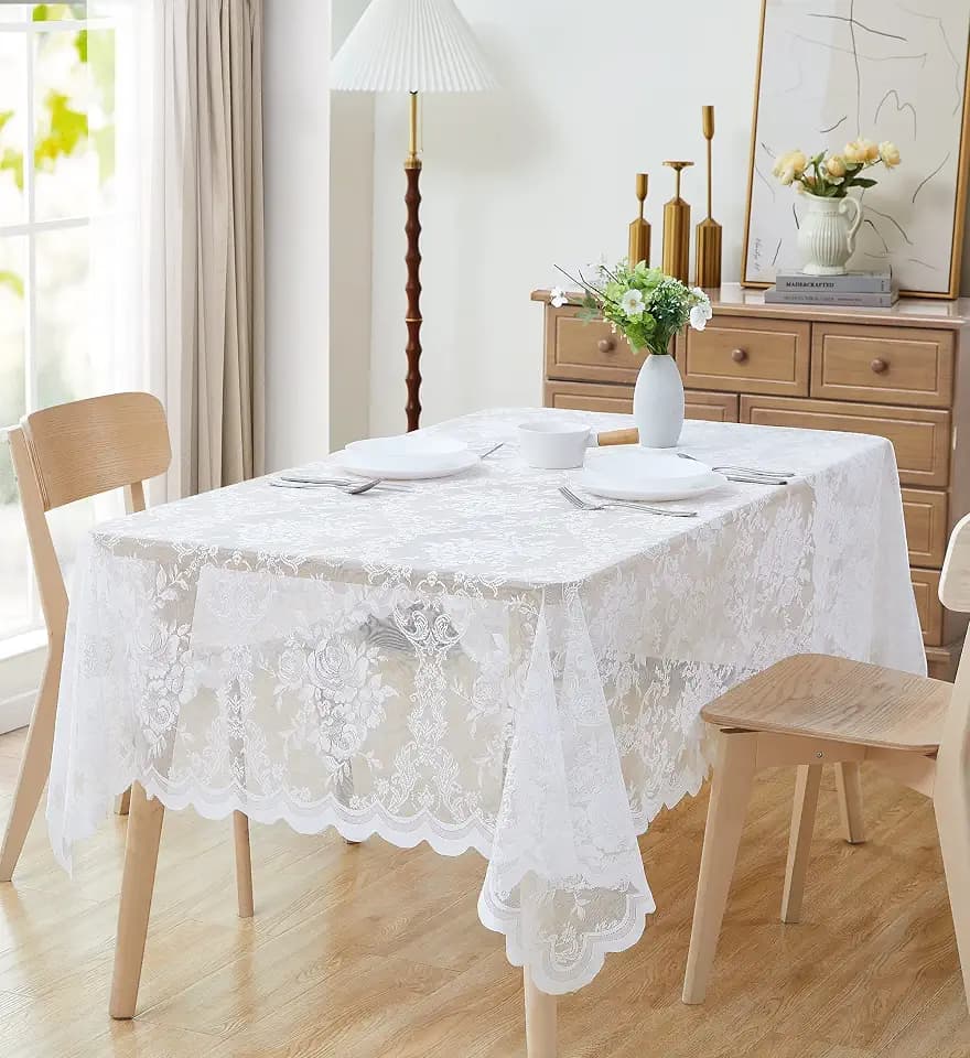 LinenZone 60 x 84 Rectangle White Lace Tablecloth. (Luna TC 60 x 84, White)