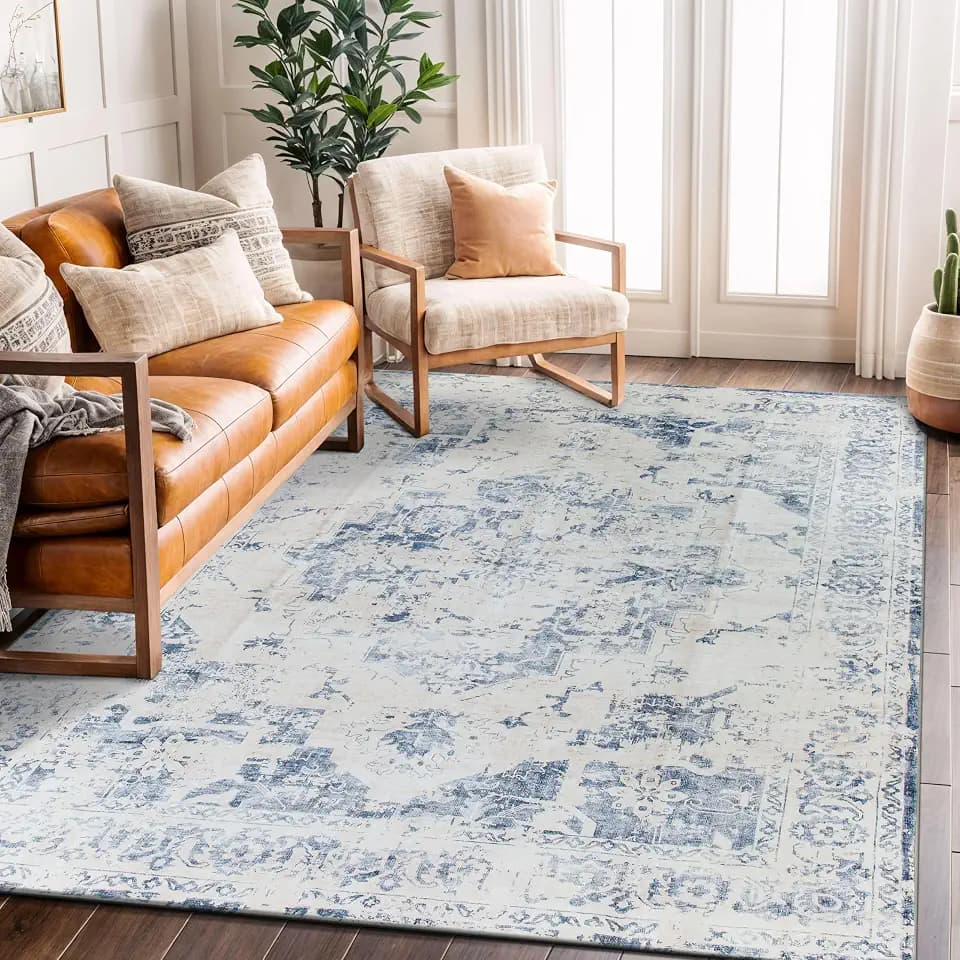 Rugshop Non-Slip Washable Distressed Vintage Area Rug Blue 5' x 7'