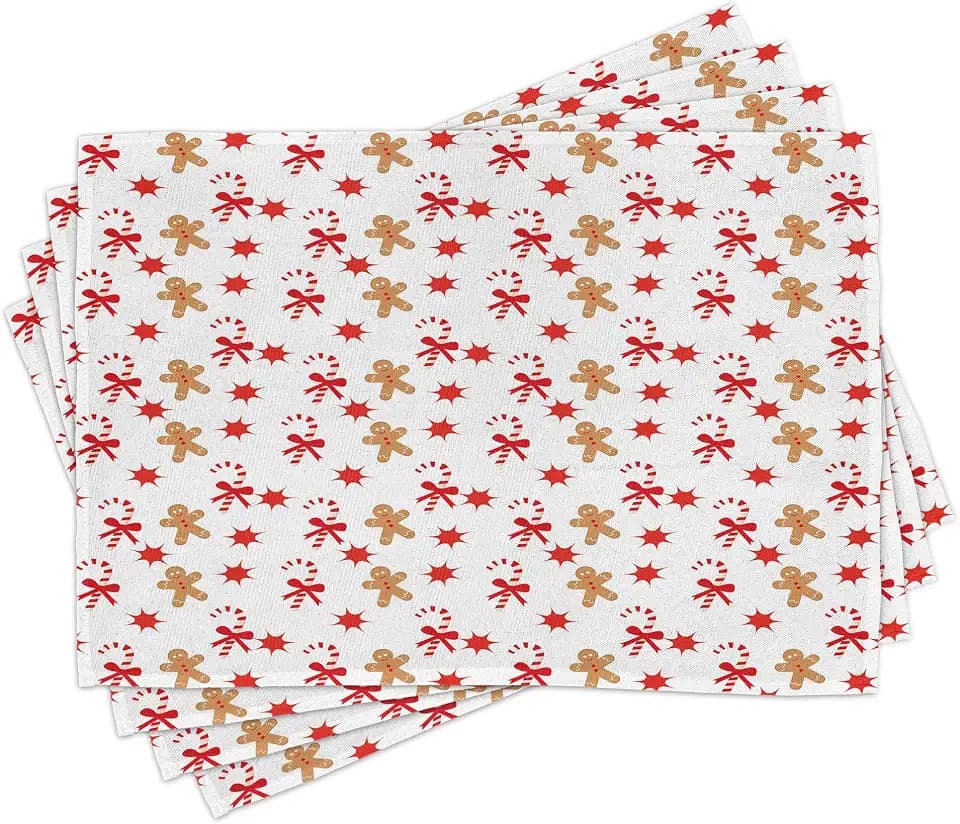 Ambesonne Gingerbread Man Place Mats Set of 8, Candy Cane Bowties Red Star Christmas Cookie Pattern, Washable Fabric Placemats for Dining Table, Placemat 8 pcs, Sand Brown Orange