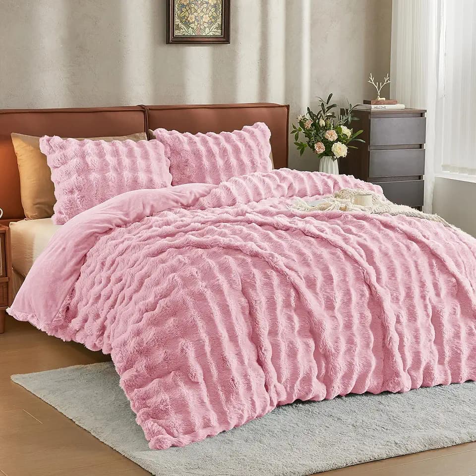 JELLYMONI Faux Fur Duvet Cover Queen, Fluffy Shaggy 3-Piece Bedding Set