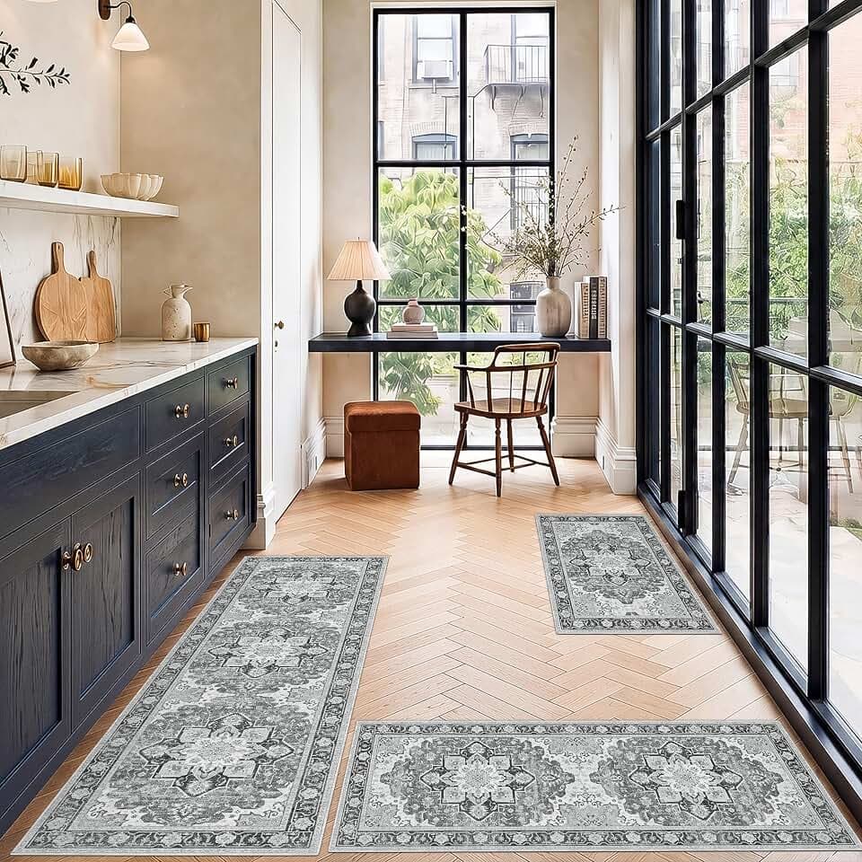 3 Piece Kitchen Rugs Sets with Runner, Washable Non Slip Soft Boho Kitchen Mats, Low Pile Stain Resistant Carpet for Hallway, Laundry Room, Entryway, Home Decor (20"x32"+20"x48"+20"x59", Gray)
