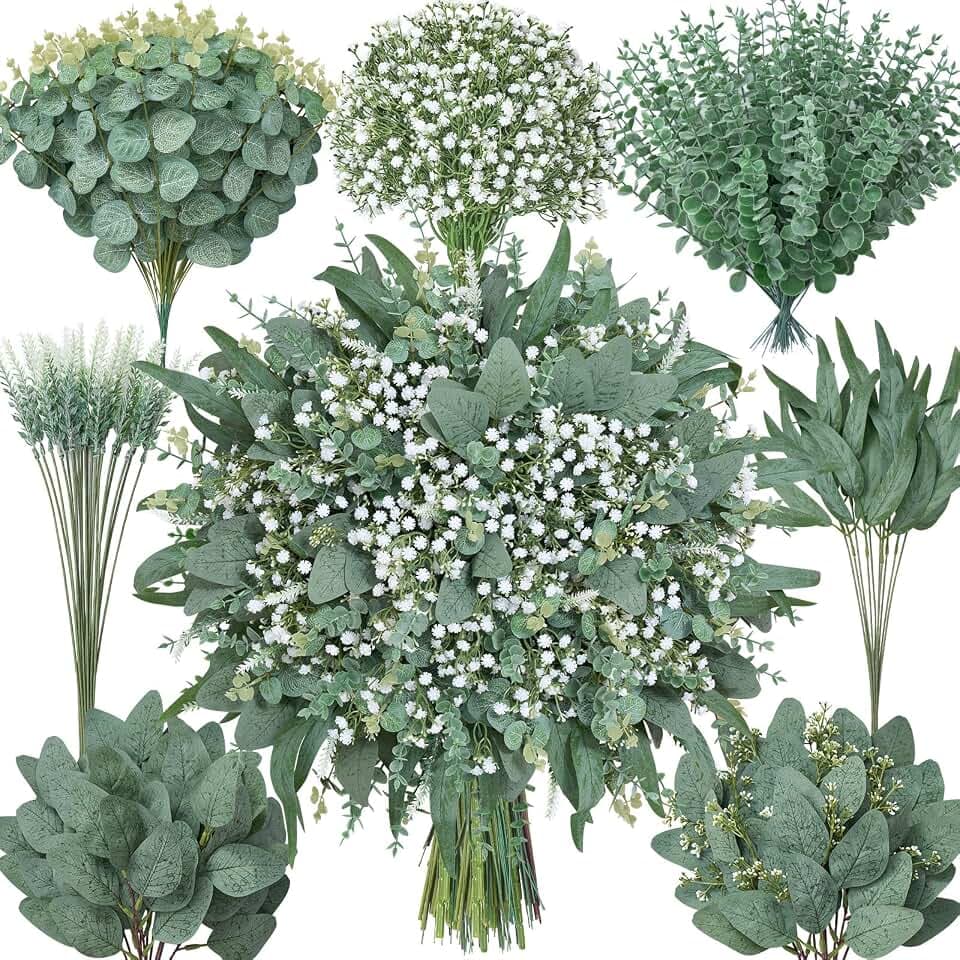 Serwalin 180 Pcs 7 Kinds Mixed Artificial Eucalyptus Greenery Stems Bulk