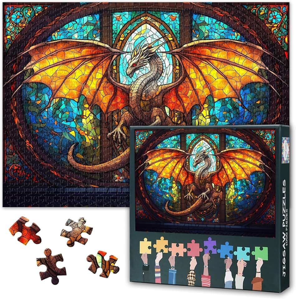 1000 Pieces Jigsaw Puzzle for Adults - Dragon Fresco Majestic Mythical Artwork, 28x20 Inch Impossible Puzzle Parlour Games,Stained Glass Puzzle, Educational Jigsaw Puzzles
