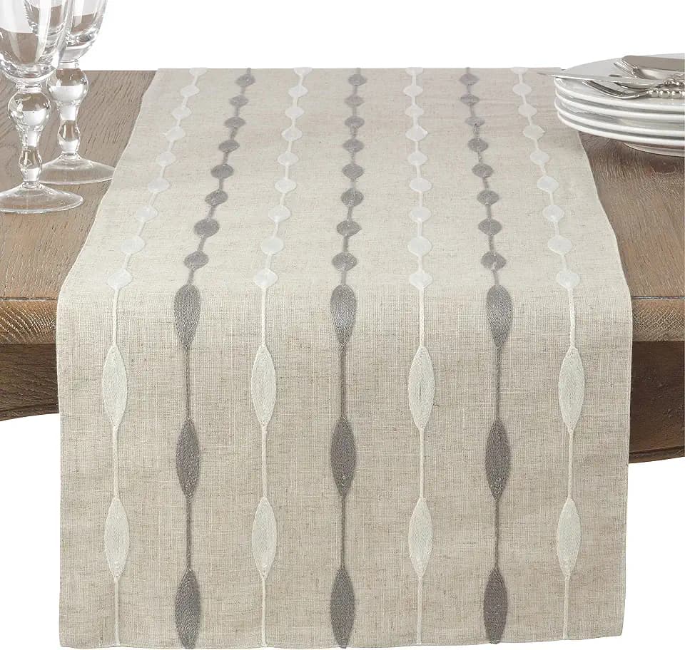 Saro Lifestyle Modern Embroidered Design Table Runner, Natural, 16" x 90"