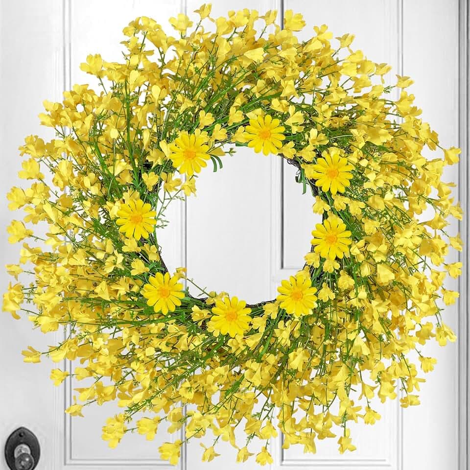 24 Inch Large Spring Summer Wreaths for Front Door, Daisy Wreaths for Front Door Artificial Floral with Wild Floral for Farmhouse Porch Wall Living Room Home Decor