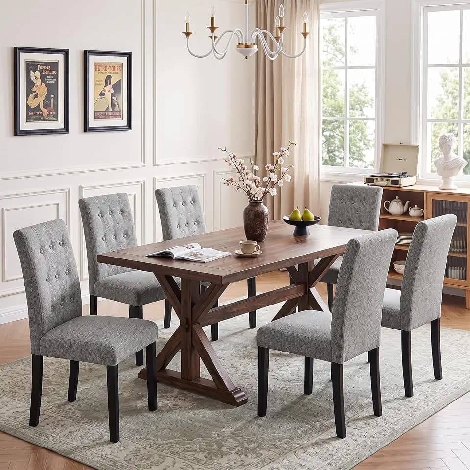 VECELO Upholstered Dining Chairs Set of 6, Button Tufted Parsons Chairs with Padded Seat and Wood Legs, Rubber Footpads for Living Room and Kitchen, Light Gray