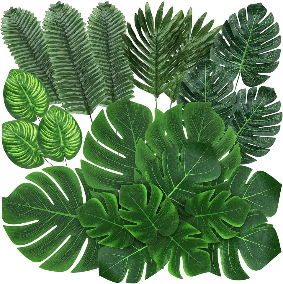 QUANQIUFEI 74 Pcs 7 Kinds Artificial Palm Leaves Tropical Fake Leaves, Monstera Leaf for Safari Jungle Hawaiian Dinosaur Luau Party Table Decoration Wedding Birthday Theme Party