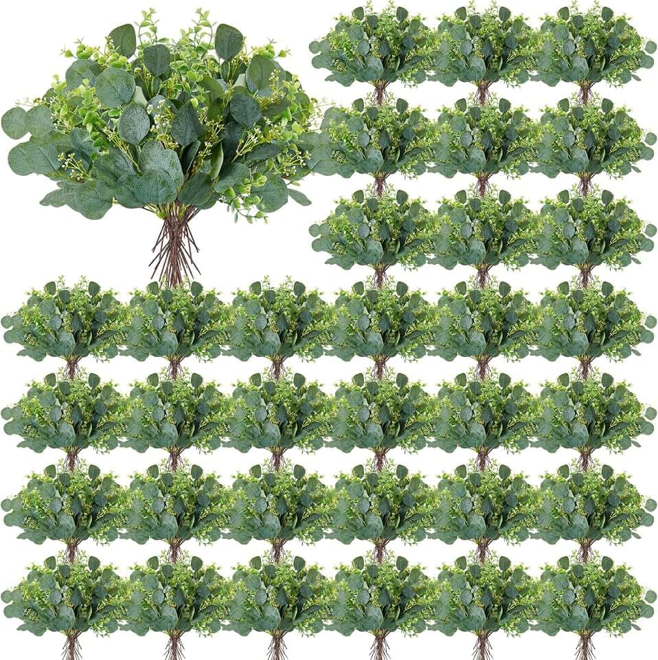 Yunsailing 100 Pcs Faux Eucalyptus Stems White Seed Green Artificial Leaves