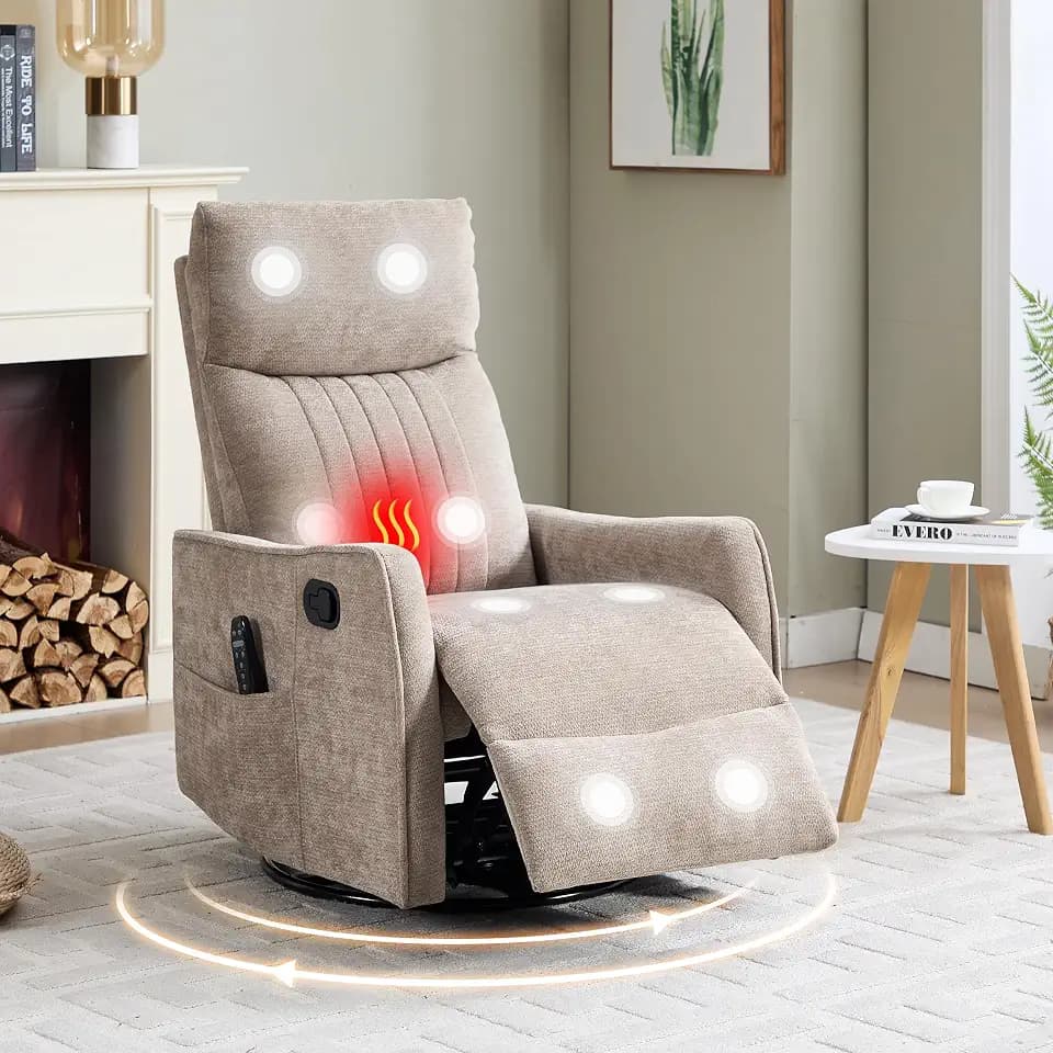 Manual Swivel Rocker Recliner Chair for Adults, Overstuffed Reclining Glider Chair for Nursing with Vibration Massage & Heat, Living Room Rocking Recliner 2-Stage backrest, Chenille Fabric Khaqi
