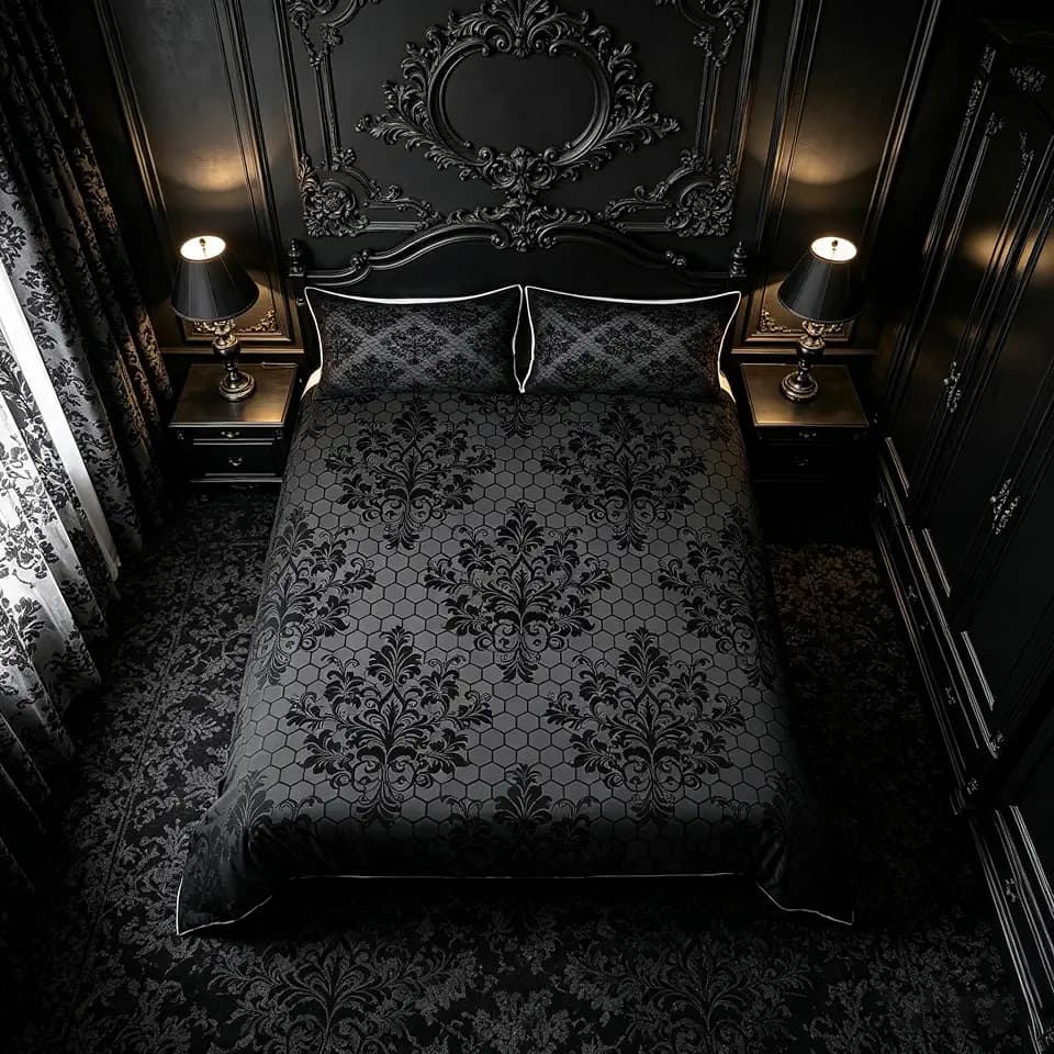Manfei Black Damask Duvet Cover Set King Size, Geometric Honeycomb Print Bedding Set 3pcs, Gothic Vintage Floral Grey Quilt Cover, Man Woman Adults Room Decor, 2 Pillowcases, No Comforter