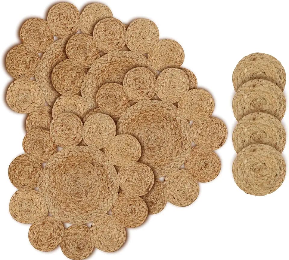 Round Jute Placemats Coasters Set of 8 Natural Braided Cotton Table Mats