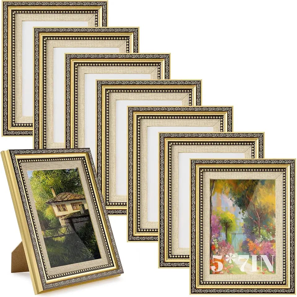 Bucherry 5 x 7 Vintage Gold Picture Frame Bulk Set of 8, Tabletop Display Plastic Ornate Antique Photo Frames, Vintage Gold Decor for Photos Pictures Poster Table Desk Display