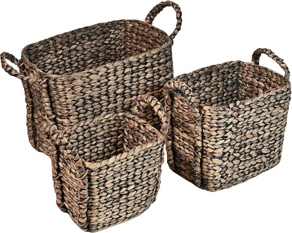 happimess Clara 3-Piece Nesting Water Hyacinth Floor Baskets 17", Brown