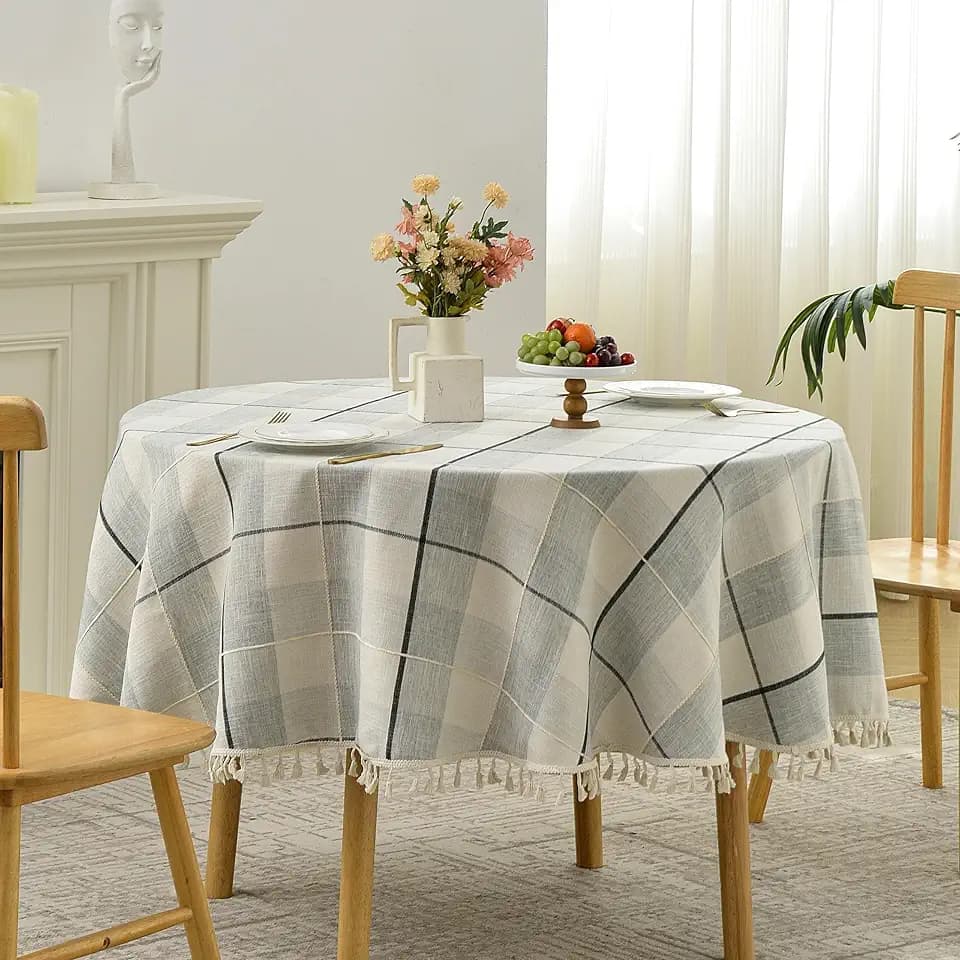 Lattice Embroidery Round Tablecloth with Tassel, Round 70", Gradual Grey