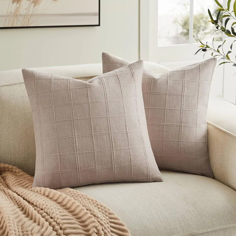 ZeeMart Linen Checked Throw Pillow Covers Set of 2, 20x20 Inch Taupe/Cream, Farmhouse Decorative Single Sided Grid Embroidered Couch Pillow Cases Light Brown Cotton Linen Cushion Covers